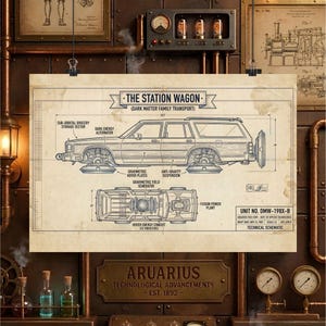 May include: A technical schematic print titled THE STATION WAGON (DARK MATTER FAMILY TRANSPORT) featuring side and top views of a futuristic vehicle with labels for components like sub-orbital grocery storage, gravimetric hover plates, and fusion power plant.