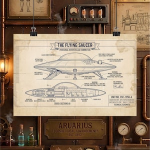May include: A technical schematic print titled The Flying Saucer Personal Interstellar Commuter. The diagram displays a saucer-shaped craft with a glass dome viewport, landing gear, and a cross-section view showing a quantum drive engine and pilot seating.