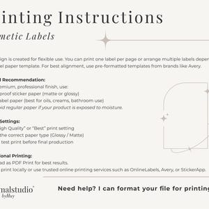 May include: Cream-colored document with the text "Printing Instructions" and "Cosmetic Labels." The document provides instructions for printing labels, including material recommendations and printer settings. The minimalstudio byHuy logo is at the bottom.