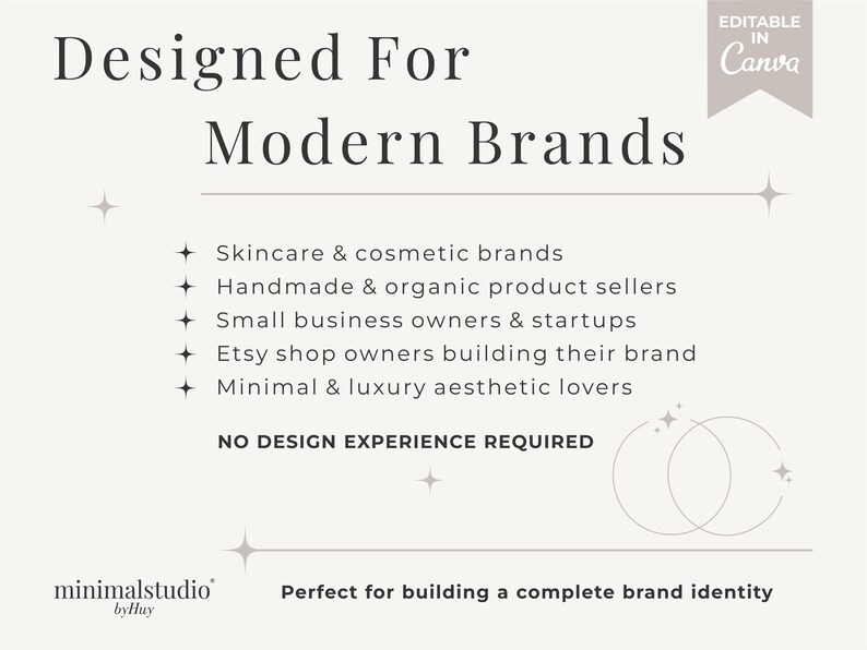May include: Cream-colored graphic with the text "Designed For Modern Brands." It lists skincare, handmade, small business, Etsy shop owners, and minimal aesthetic brands. The text "Editable in Canva" is also present.