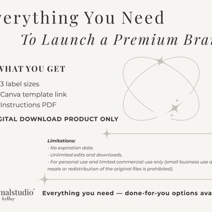 May include: Cream-colored digital download graphic with the text "Everything You Need To Launch a Premium Brand." Includes 3 label sizes, a Canva template link, and instructions. The product is a digital download only.