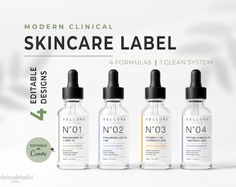 Modern Clinical Skincare Labels | Editable Canva Serum Bottle Designs | Beauty Branding Kit