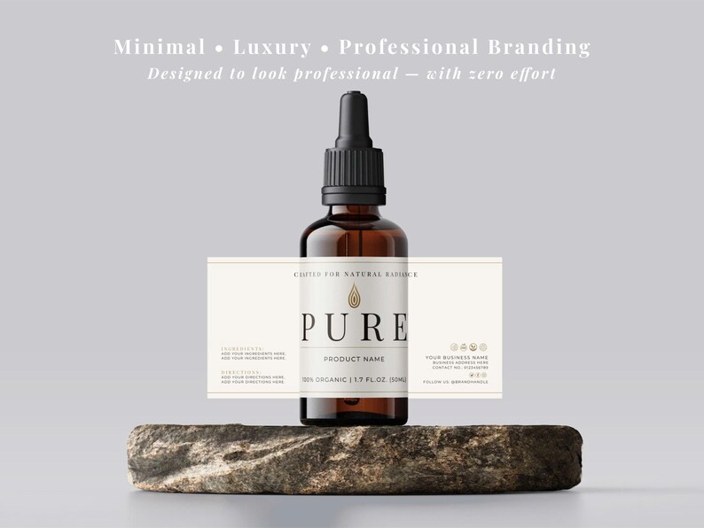 May include: A brown glass bottle with a black dropper top, labeled "PURE" and "1.7 FL. OZ.". The bottle sits on a stone, with text above reading "Minimal &bull; Luxury &bull; Professional Branding". The label also says "CERTIFIED FOR NATURAL RADIANCE".