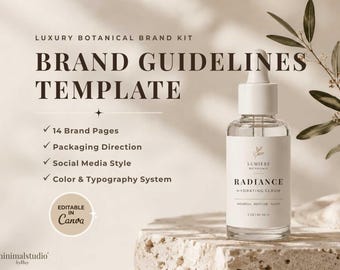Redigerbar mall för varumärkesriktlinjer | Varumärkesbyggande kit för lyxig hudvård | Presentation av minimalistisk botanisk stilguide