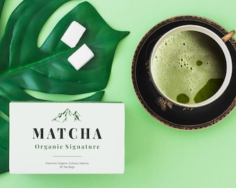 Matcha-förpackningsmodellset | Varumärkesdesign för ekologiskt te PSD (4 modeller)