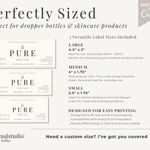 May include: A graphic with the text "Perfectly Sized" and "PURE" labels in three sizes: 4.5" x 2", 4" x 1.75", and 3.5" x 1.75". The labels are designed for dropper bottles and skincare products, with the option to edit in Canva.