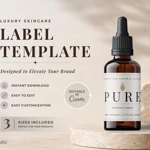May include: A skincare label template design with a brown glass bottle with a black dropper. The label reads "PURE" and "100% ORGANIC 1.7 FL.OZ (50ml)". The text "LABEL TEMPLATE" is displayed above the bottle.
