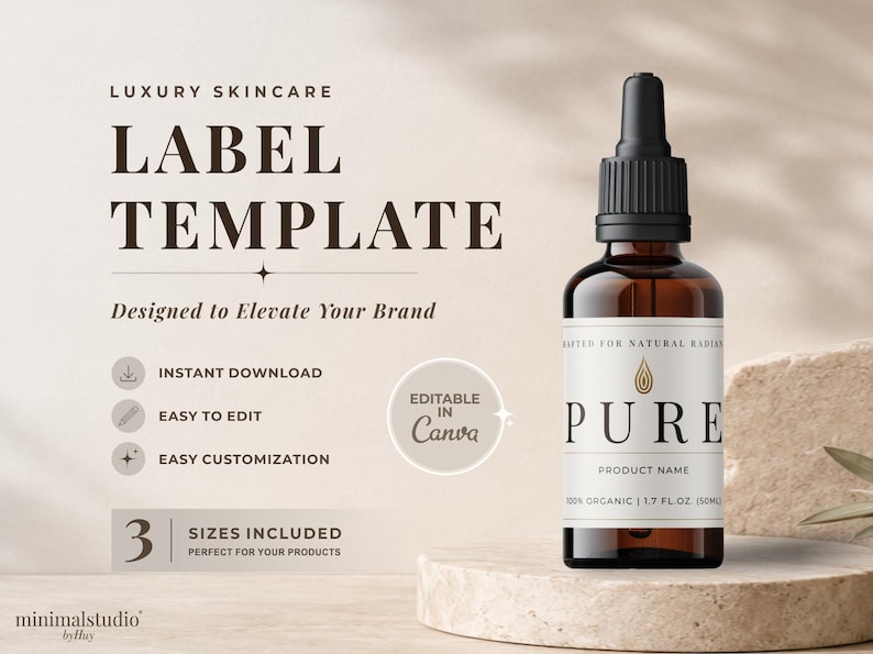 May include: A skincare label template design with a brown glass bottle with a black dropper. The label reads "PURE" and "100% ORGANIC 1.7 FL.OZ (50ml)". The text "LABEL TEMPLATE" is displayed above the bottle.