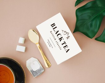 Mockup för svart teförpackning | Minimalistisk varumärkespresentation (4 PSD)