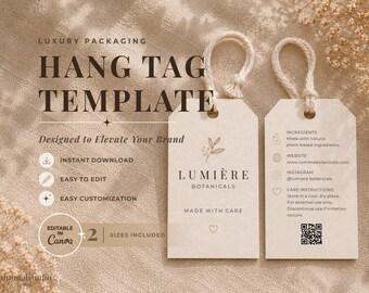 Redigerbar mall för hängetiketter | Hudvårdsförpackningar | Minimalistisk botanisk kosmetikavarumärkesbyggande (Canva)