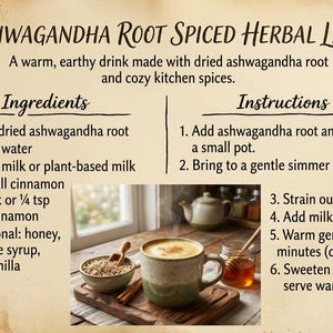 May include: Recipe for Ashwagandha Root Spiced Herbal Latte. The image shows ingredients such as ashwagandha root, water, milk, and cinnamon. Instructions are provided for making the warm, earthy drink. A finished latte is shown in a mug.
