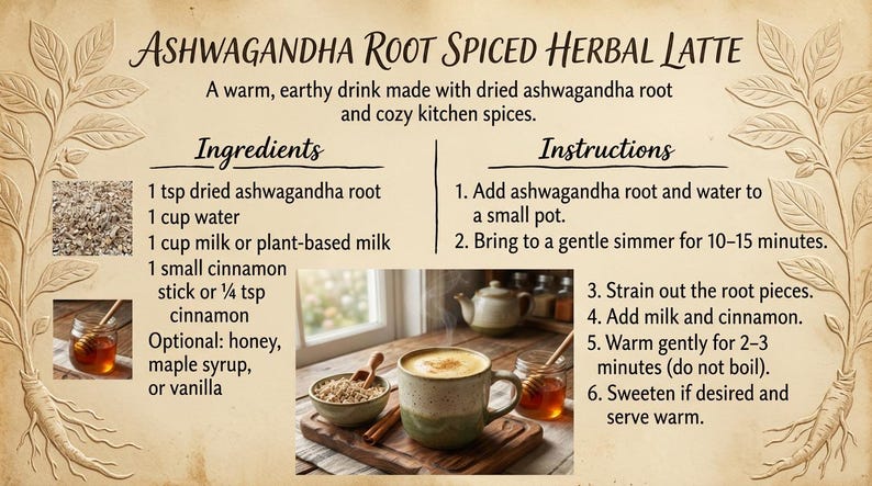 May include: Recipe for Ashwagandha Root Spiced Herbal Latte. The image shows ingredients such as ashwagandha root, water, milk, and cinnamon. Instructions are provided for making the warm, earthy drink. A finished latte is shown in a mug.