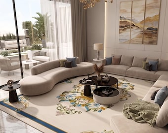 Beige en blauw luxe vloerkleed | Hedendaags bloementapijt voor moderne interieurs