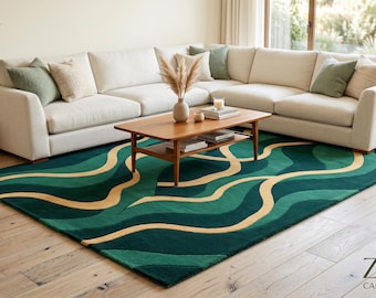 Hand-Tufted Emerald Green Wavy Rug | Modern Abstract Gold Swirl Floor Carpet