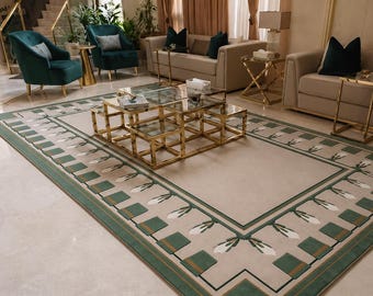 Modern Green Border Luxury Area Rug – Minimalist Geometric Living Room Carpet, Contemporary Designer Floor Rug