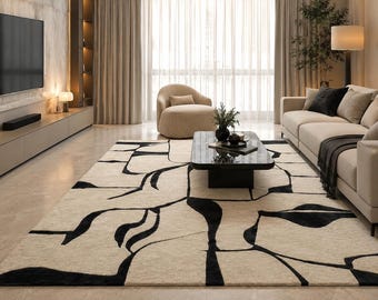 Modern abstract tapijt - Premium beige en zwart tapijt voor woonkamer, luxe handgetuft wollen tapijt, minimalistisch esthetisch interieur
