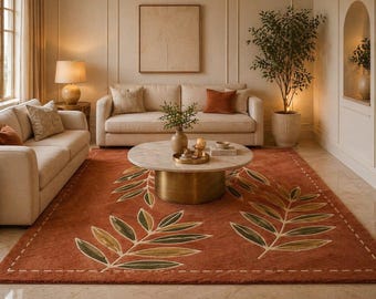 Alfombra moderna de lana con diseño de hojas tejida a mano – Alfombra moderna de color naranja otoñal para el hogar.
