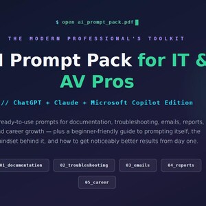 May include: A digital document titled AI Prompt Pack for IT & AV Pros, featuring the subtitle ChatGPT + Claude + Microsoft Copilot Edition. It includes 50 prompts for documentation, troubleshooting, emails, reports, and career growth.