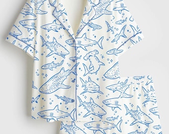 Shark Pajama Set Women Ocean Sleepwear Marine Life Summer Pajamas Beach Lounge Outfit Gift