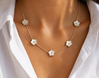 Mother of Pearl Clover Necklace, Dainty Layering Gold Station CZ Flower Charm Necklace, Hypoallergenic Waterproof Tarnish Free Gift for Her
