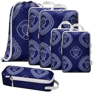 May include: A set of travel organizers in various sizes, featuring a navy blue background with a white turtle and geometric pattern. The set includes a drawstring bag, zippered pouches, and cases with handles.