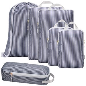 May include: A set of travel organizers in various sizes, featuring a navy blue and white striped pattern. The set includes a drawstring bag, several zippered pouches with handles, and a rectangular case with a zipper and handle. All pieces have white zippers and accents.