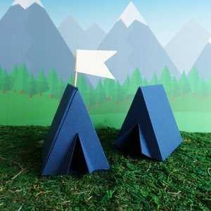 Camping Tent Box Party Favor Gift Box Cake Topper Decoration Set of 8 Blue