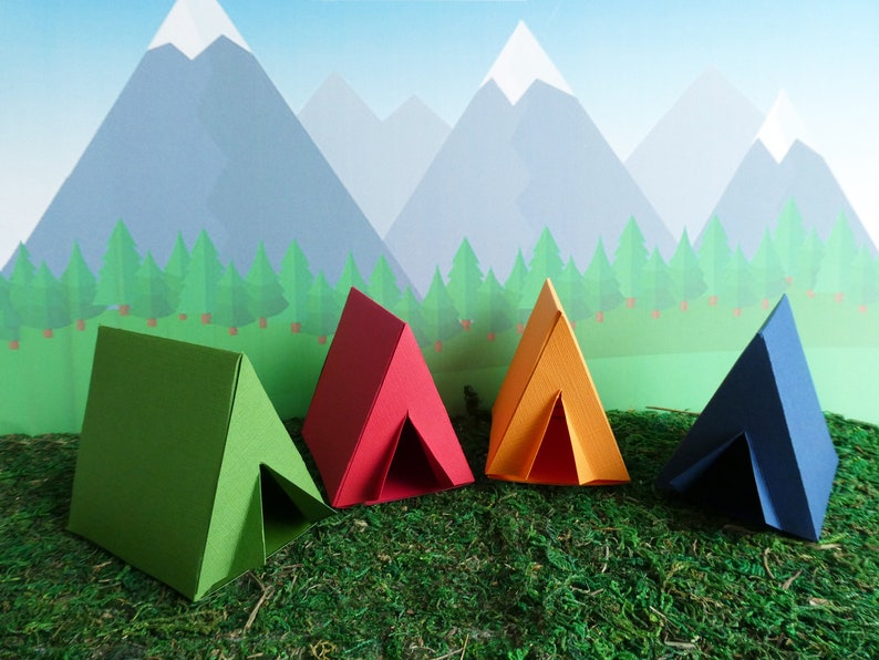 Camping Tent Box Party Favor Gift Box Cake Topper Decoration Set of 8 Mixed