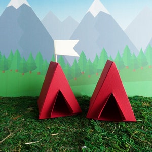 Camping Tent Box Party Favor Gift Box Cake Topper Decoration Set of 8 Red