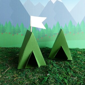 Camping Tent Box Party Favor Gift Box Cake Topper Decoration Set of 8 Green