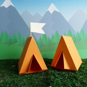 Camping Tent Box Party Favor Gift Box Cake Topper Decoration Set of 8 Orange