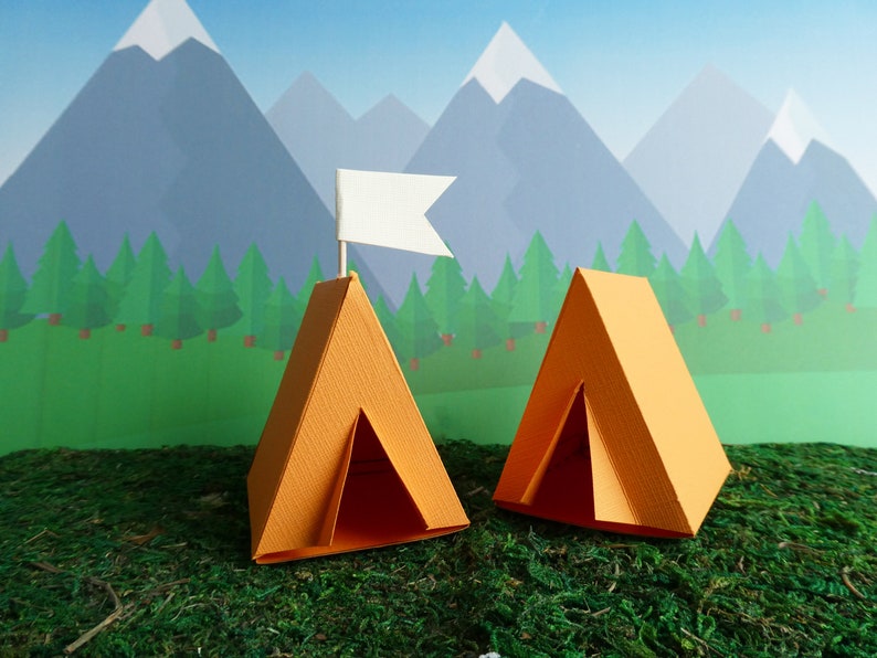 Camping Tent Box Party Favor Gift Box Cake Topper Decoration Set of 8 Orange