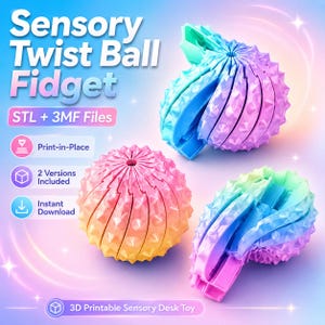 Pode incluir: Arquivos digitais Sensory Twist Ball Fidget incluindo formatos STL e 3MF. A imagem exibe três brinquedos sensoriais esféricos e texturizados em cores degradê azul, rosa e amarelo, com um design de impressão em uma única peça.