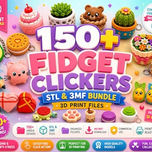 Op de afbeelding: Een digitale collectie van 150+ fidget clickers met 3D-printbestanden in STL- en 3MF-formaten. De afbeelding toont diverse kleurrijke miniatuuritems, waaronder een cupcake, vetplant, beer, cactus, avocado, koekje, kat, potlood en boba-thee.