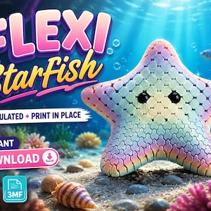 Op de afbeelding: Een 3D-geprinte, gearticuleerde zeester met een regenboogverloop en twee zwarte ogen. De tekst luidt FLEXI Starfish, ARTICULATED • PRINT IN PLACE, INSTANT DOWNLOAD, STL en 3MF. De zeester staat tegen een onderwaterachtergrond.