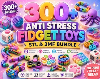 Könnte beinhalten: Ein digitales Paket mit über 300 Anti-Stress-Fidget-Toys inklusive STL- und 3MF-Dateien. Das Bild zeigt verschiedene bunte 3D-gedruckte Objekte, darunter einen beweglichen Drachen, einen lila Oktopus, Spinner, Puzzlewürfel und sensorische Gadgets.