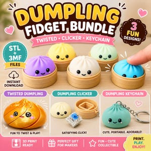 May include: A digital product listing for a Dumpling Fidget Bundle featuring STL and 3MF files for 3D printing. The image displays multiple colorful dumpling-shaped fidget toys in bamboo-style containers, including a twisted version, a clicker, and a keychain.
