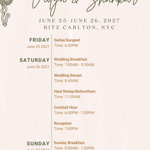 May include: A wedding itinerary card featuring the names Vidya & Shankar, dated June 25-June 26, 2027, at the Ritz Carlton, NYC. The schedule lists events from Friday to Sunday, including Garba/Sangeet, Wedding Breakfast, Baraat, Hast Melap/Muhurtham, Cocktail Hour, Reception, and Sunday Breakfast with specific times.