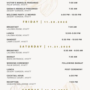 Wedding Weekend Itinerary | South Asian Schedule (3 Page Printable)