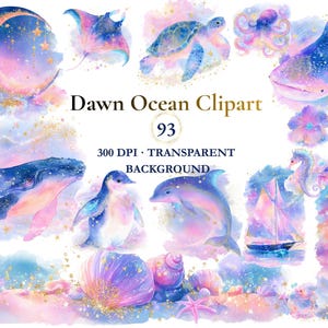 以下が含まれることがあります： Dawn Ocean Clipartと題された水彩画風のデジタルイラスト集。三日月、エイ、ウミガメ、タコ、クジラ、ペンギン、イルカ、ヨット、灯台、貝殻が描かれており、青、ピンク、紫の色調で構成されています。