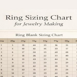 Puede incluir: Una tabla de tallas de anillos para la fabricación de joyas, con medidas en gramos. La tabla está impresa en papel color crema.