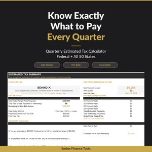 May include: A digital display from Ember Finance Tools, featuring a quarterly estimated tax calculator. The interface shows key metrics, payment breakdowns, and advisory guidance, with text like "Know Exactly What to Pay Every Quarter."