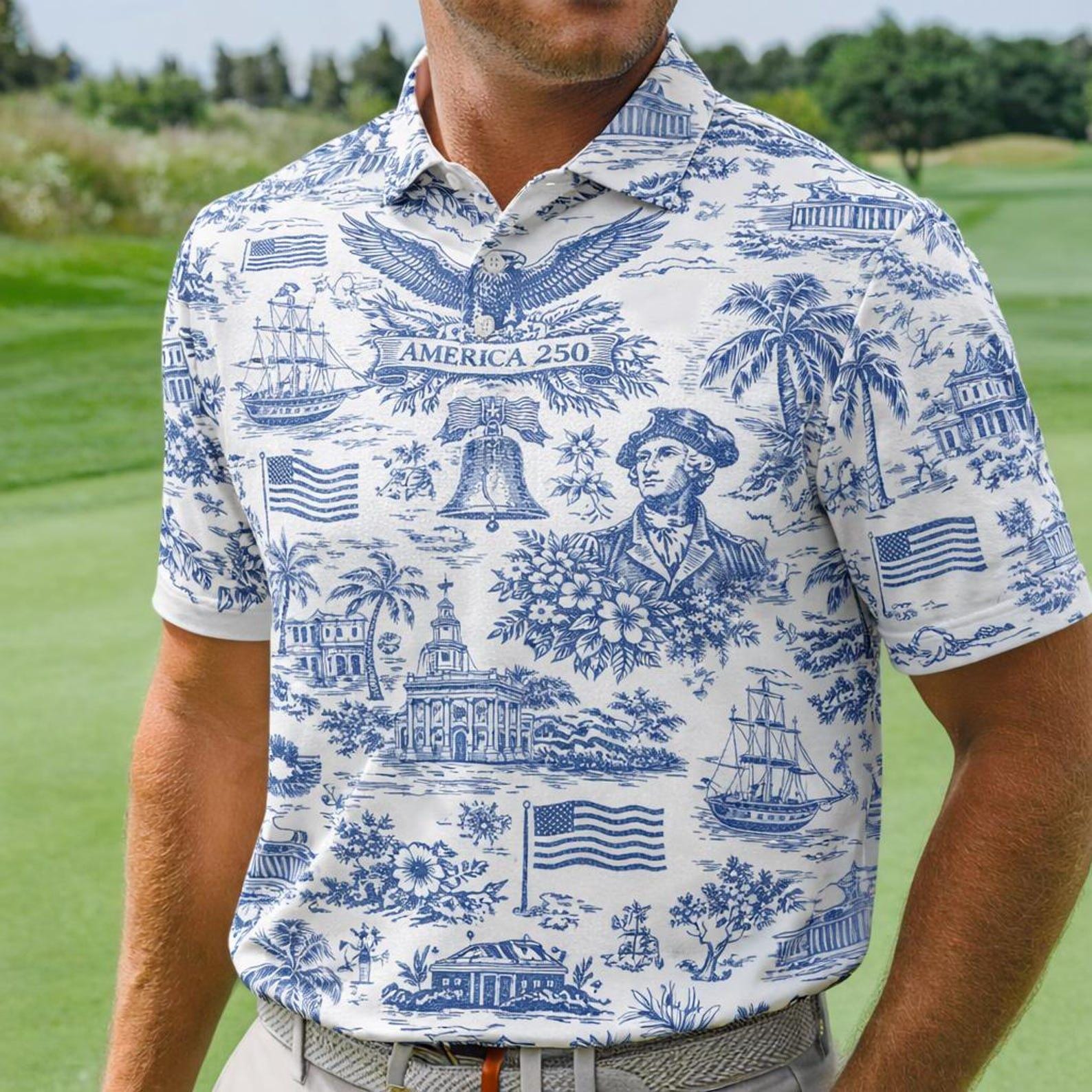 Discover USA 250th Anniversary Polo, Vintage Toile Outfit, American Heritage Style, Patriotic Gift