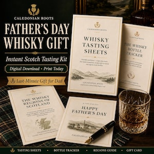 May include: A Father's Day whisky gift set with tasting sheets, a bottle tracker, and a regions guide. The set includes a gift card, a pen, and a rocks glass filled with amber liquid. The text reads "Father's Day Whisky Gift".