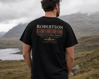 Robertson Clan T-Shirt | Scottish Tartan Heritage Tee, Glory Is the Reward of Valour Gift | Black Shirt
