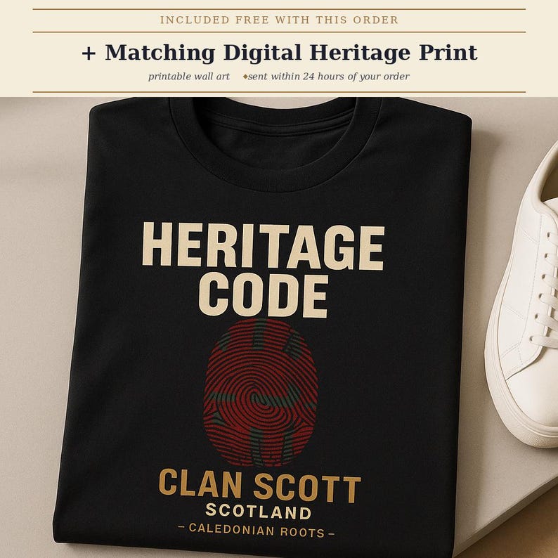 May include: A black t-shirt featuring the text HERITAGE CODE in cream, a red and green fingerprint graphic, and the text CLAN SCOTT SCOTLAND - CALEDONIAN ROOTS - in gold. A white sneaker is positioned to the right of the folded t-shirt.