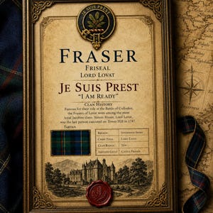 May include: A framed print featuring the Fraser clan crest, motto "Je Suis Prest", and clan history. Includes a tartan design, castle illustration, and a red wax seal. The frame is gold-toned, with a map background.