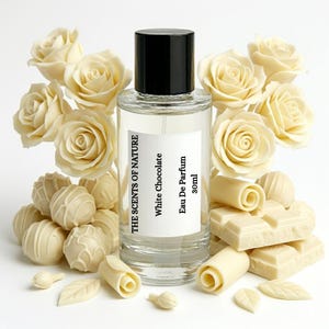 May include: A clear glass perfume bottle with a black cap and a white label reading THE SCENTS OF NATURE White Chocolate Eau De Parfum 30ml. The bottle is surrounded by white chocolate truffles, white chocolate curls, and white roses.