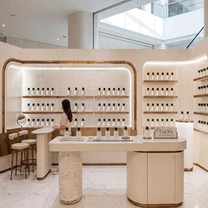 May include: A retail perfume shop interior featuring curved cream-colored walls, gold trim, and marble flooring. Multiple shelves display rows of identical glass perfume bottles with black caps. A central marble counter holds a sign reading TSON.