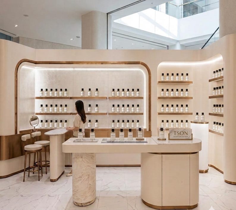 May include: A retail perfume shop interior featuring curved cream-colored walls, gold trim, and marble flooring. Multiple shelves display rows of identical glass perfume bottles with black caps. A central marble counter holds a sign reading TSON.